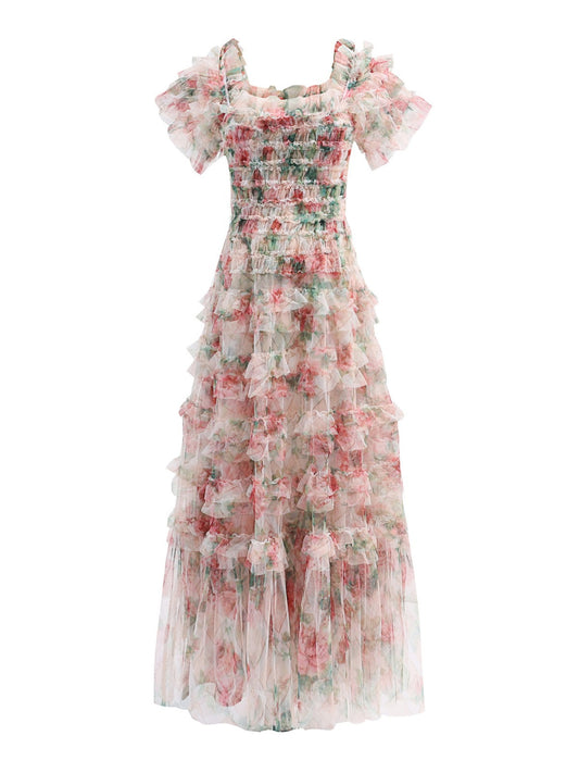 Mesh floral dress with square collar, sweet banquet performance dress, waist up, slimming evening dress, bridesmaid dress